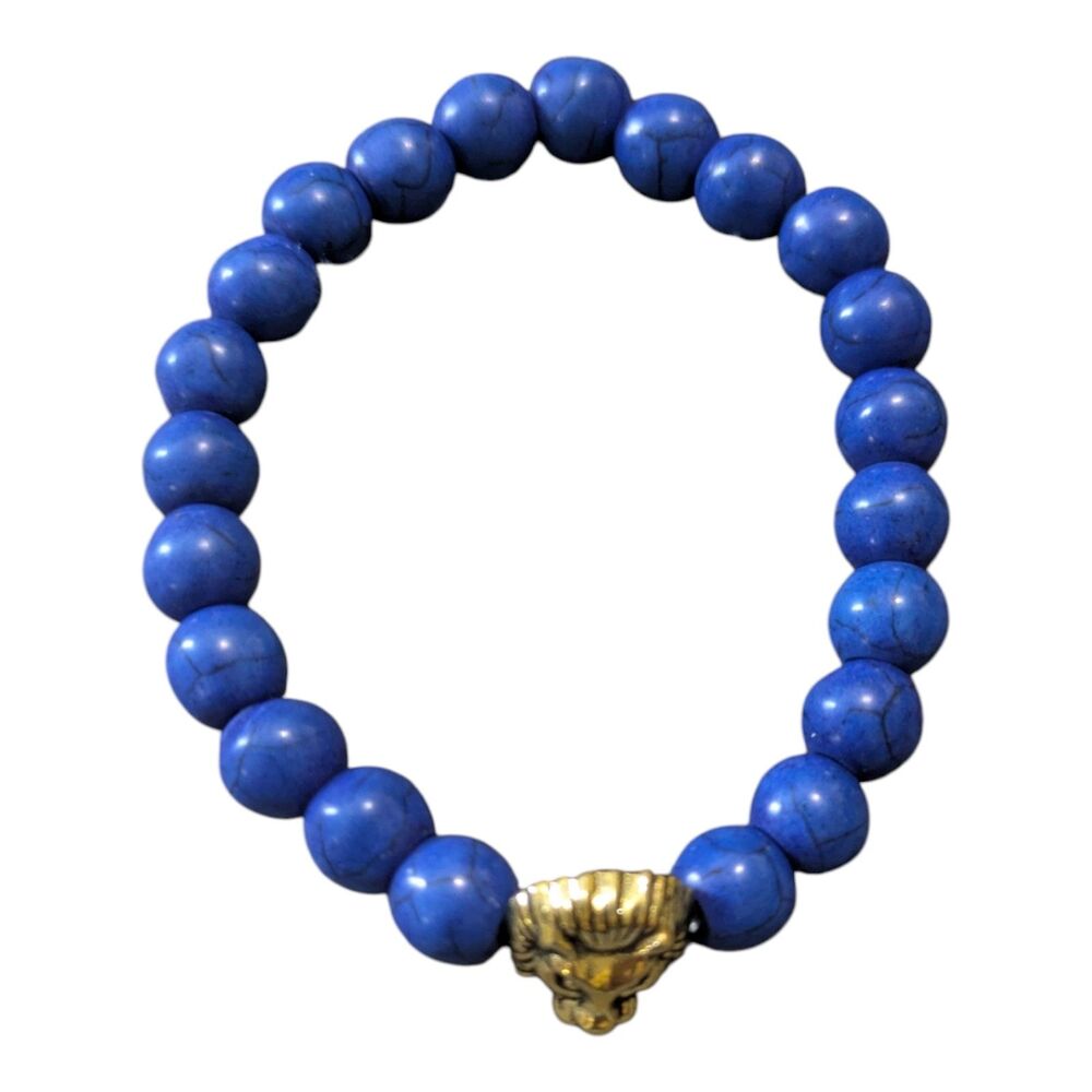 Blue Beaded Stretch Bracelet w/ Gold Lion Head Charm